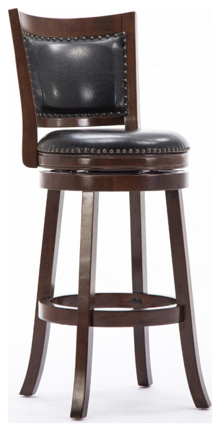 Sabi 24 inch Swivel Counter Stool, Solid Wood, Faux Leather, Brown, Black
