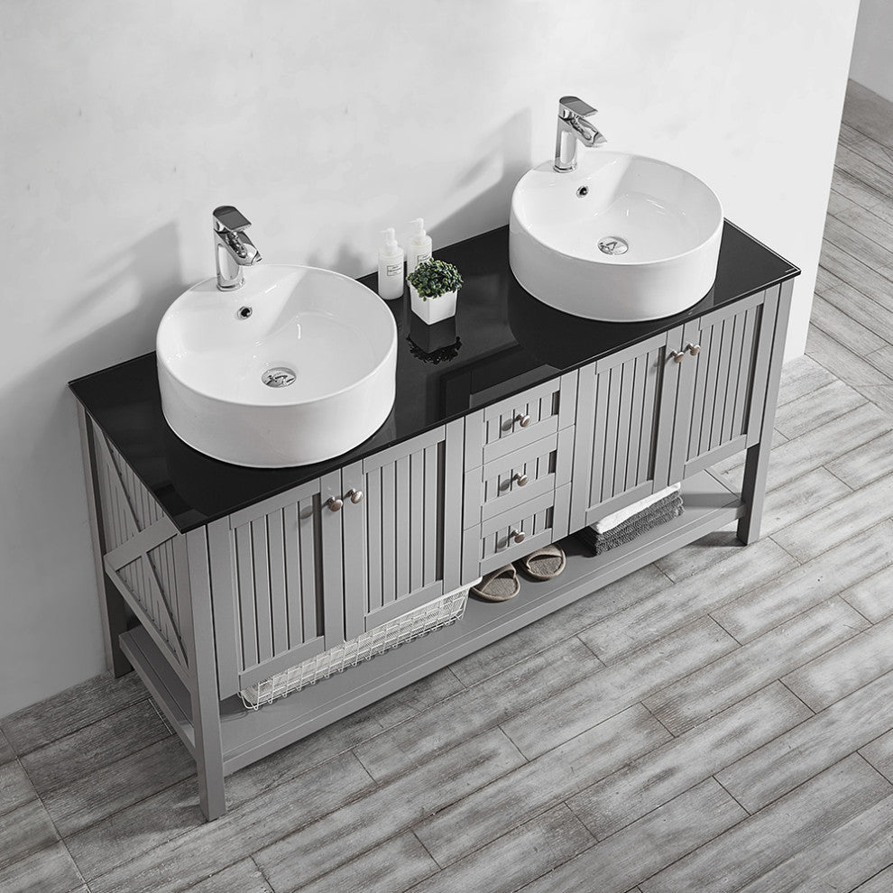Modena 60" Double Vanity With Glass Countertop With White Vessel Sink No Mirror