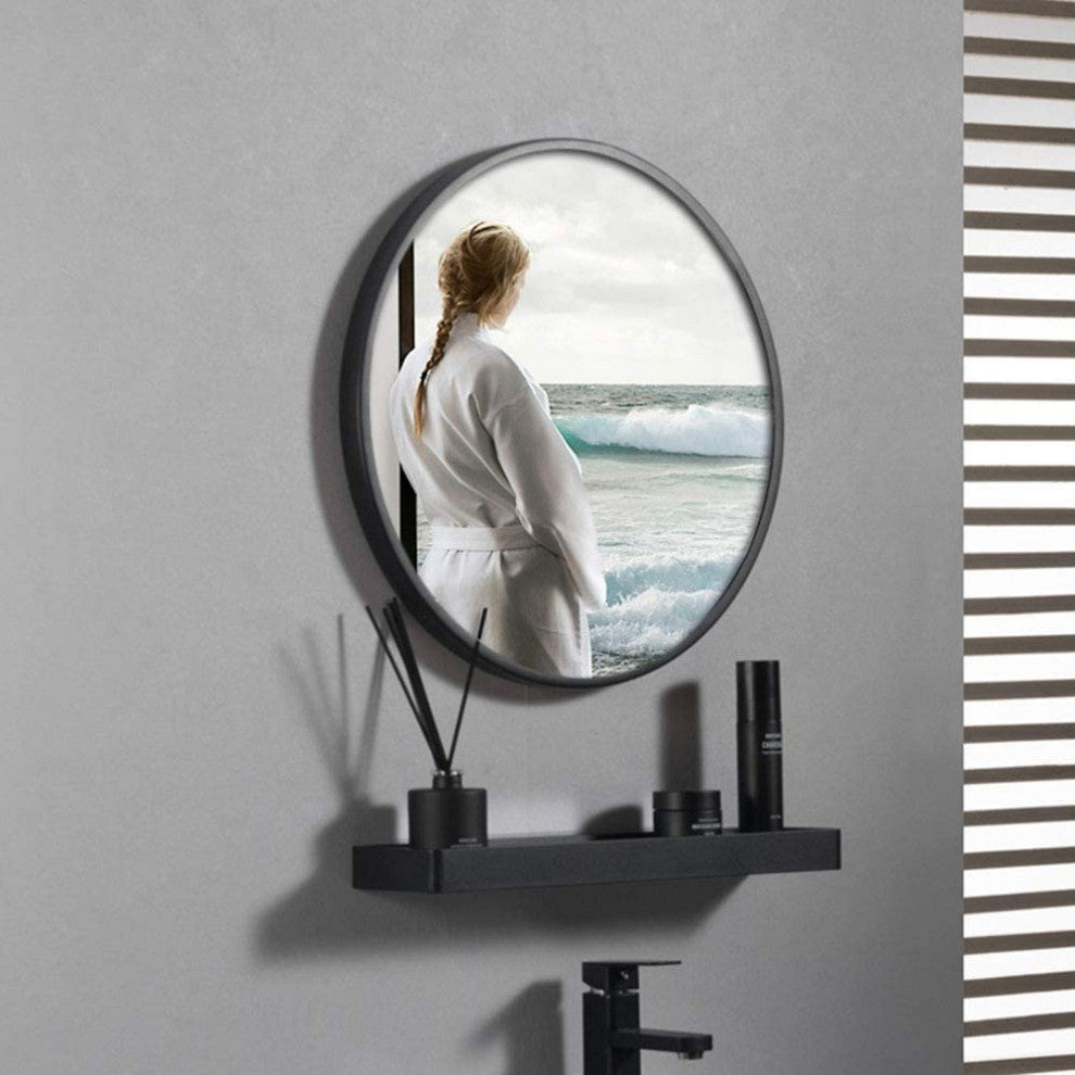 Round Aluminium Framed Wall Mounted Mirror in Black, Black, 36"
