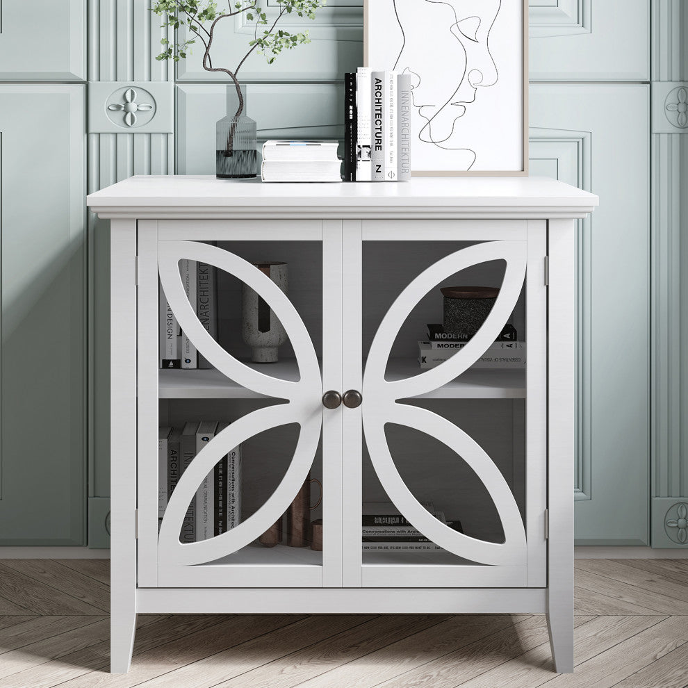 Wood Double Transparent Door Accent Cabinet with Adjustable Shelf, White, 32" X