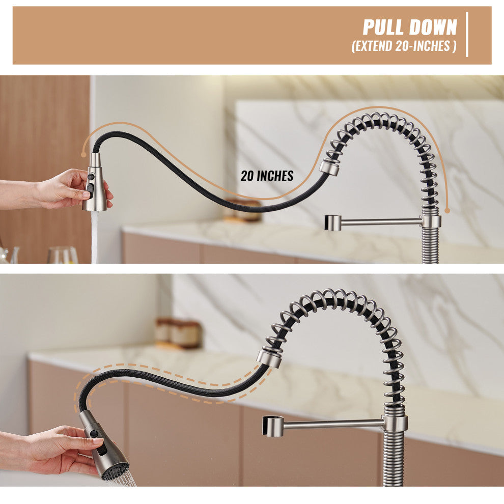 Single Handle Kitchen Sink Faucet Pull-Down Sprayer, 360 Swivel, 3 Functions, Brushed Nickel