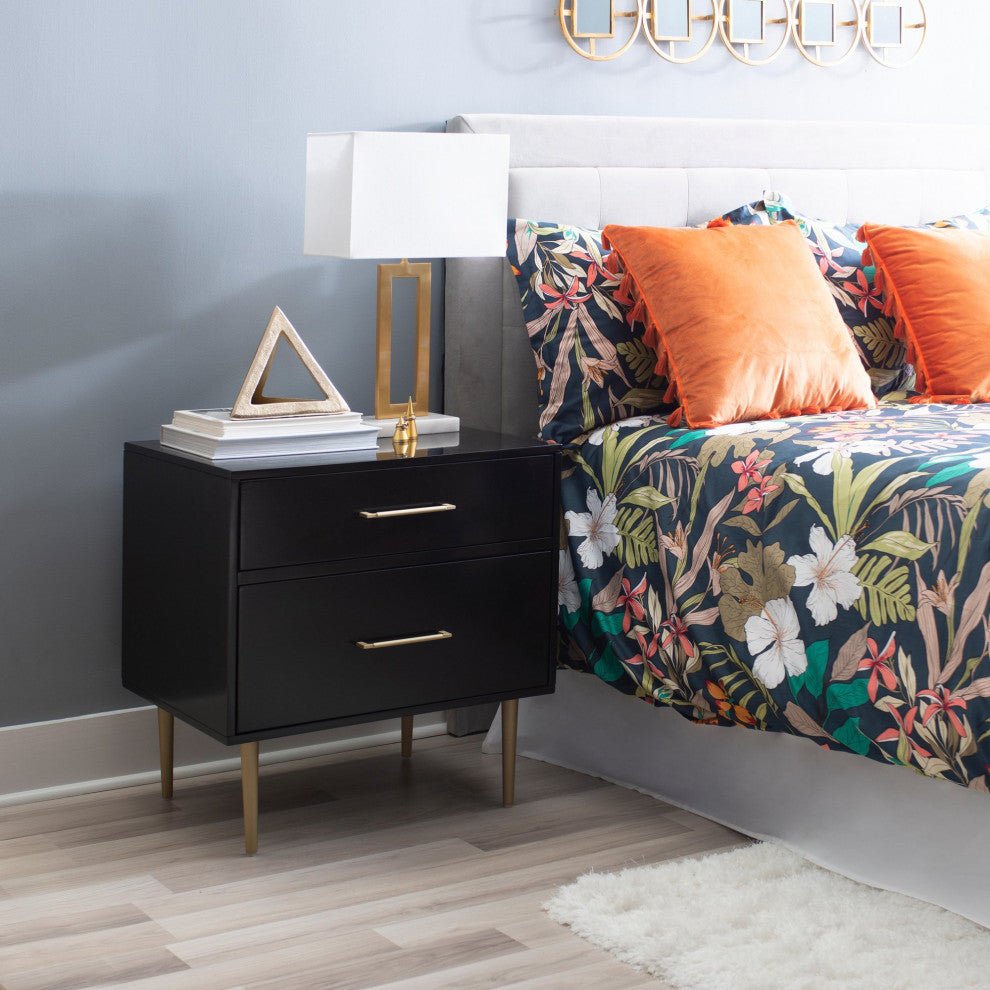 Contemporary Nightstand, 2 Storage Drawers With Gold Sculpted Pulls, Black