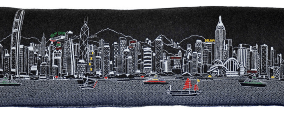 46" Black Hong Kong Nighttime Skyline Lumbar Decorative Pillow