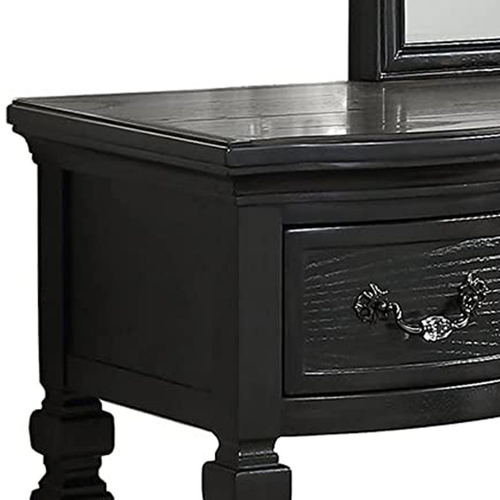 Benzara BM268888 3 Piece Vanity Set With Carved Mirror and Turned Legs, Black
