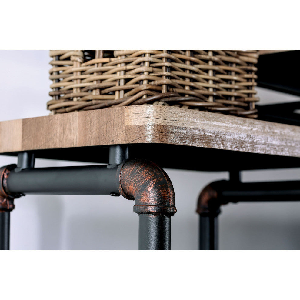 Metal and Wood Pier Cabinet With 4-Tier Shelf, Antique Black and Natural Tone