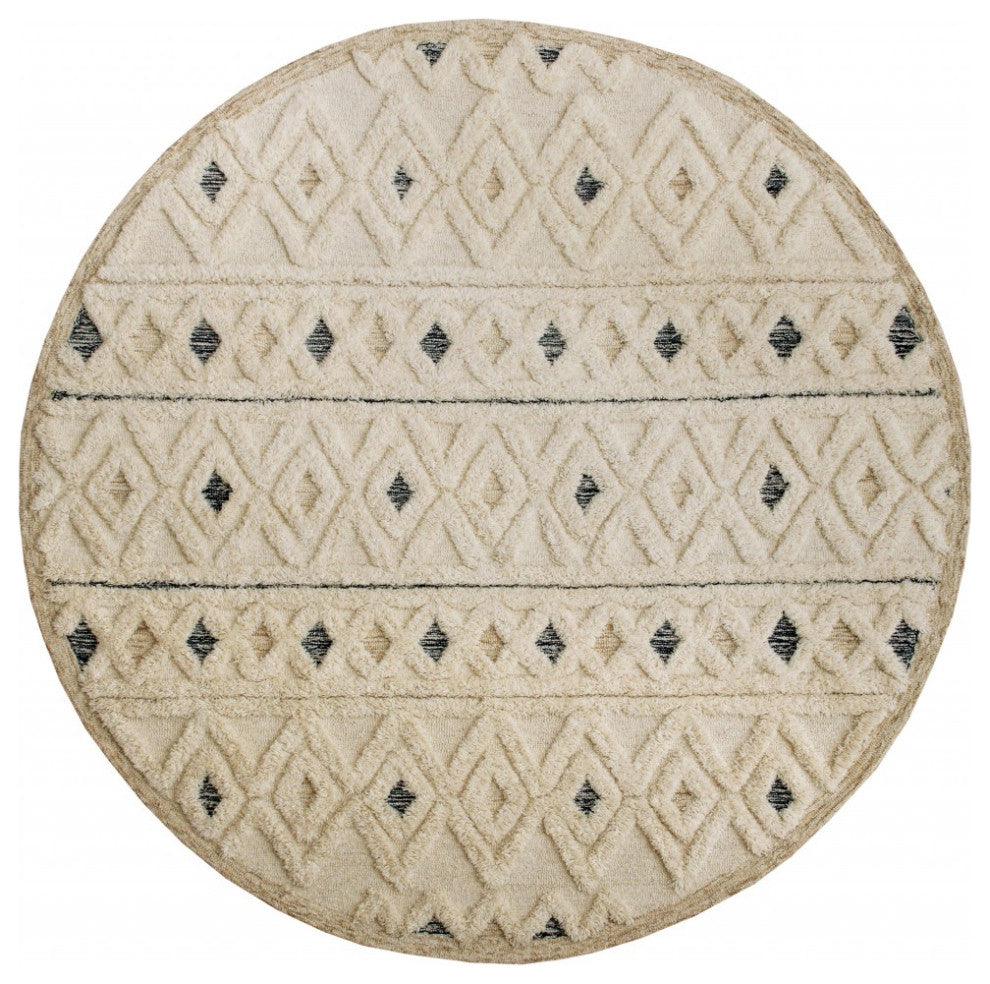 6" Round Cream and Blue Striped Diamonds Area Rug