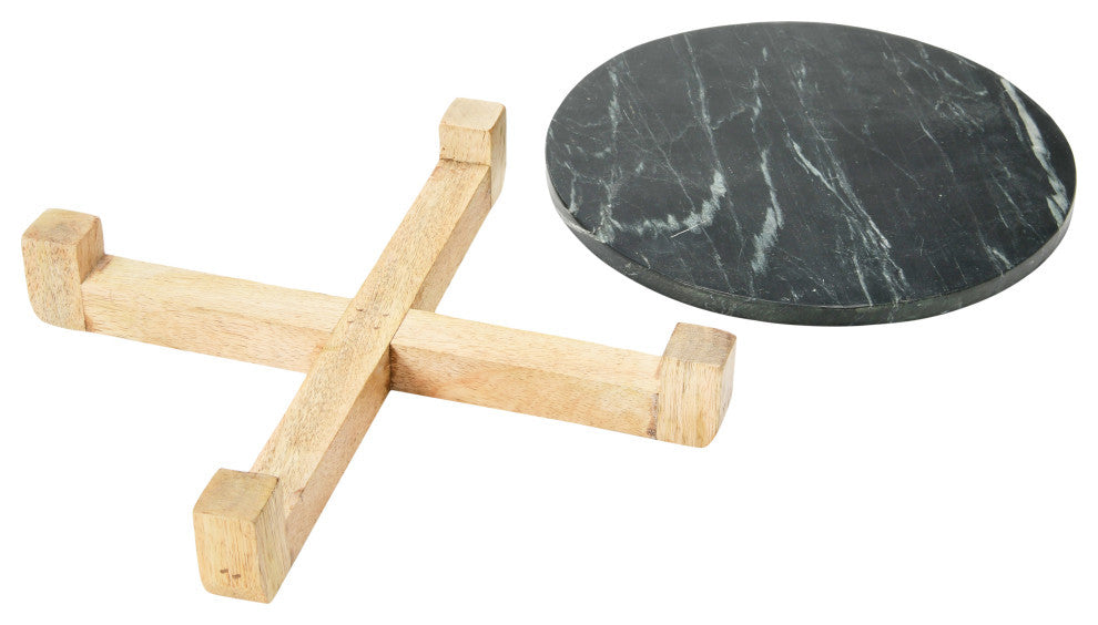 Marble Serving Board With Mango Wood Stand, Black/Natural, 2-Piece Set