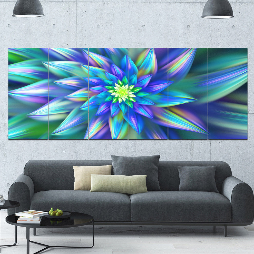 Huge Light Blue Fractal Flower, Floral Canvas Art Print, 70"x28", 6 Panels
