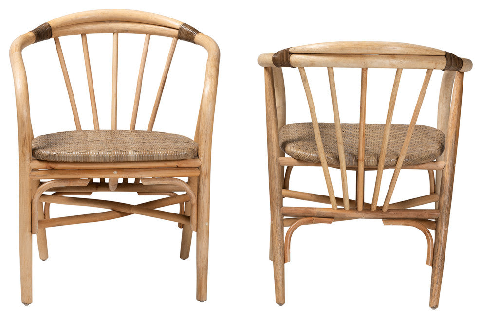 Kyoto Modern Bohemian Natural Brown Rattan 2-Piece Dining Chair Set