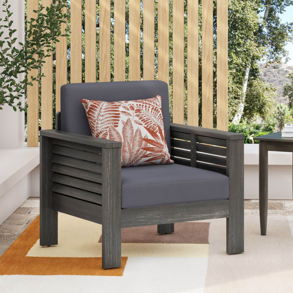 Rabun Outdoor Acacia Wood Club Chairs with Cushions, Dark Gray, Single