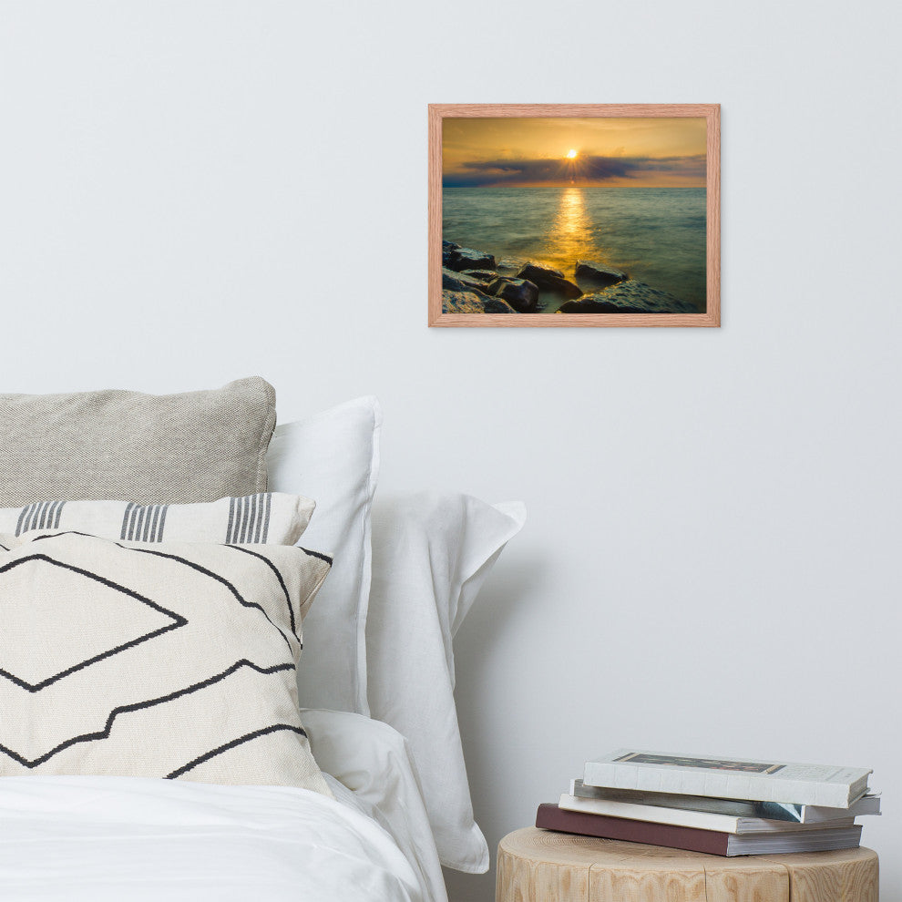 Sun Ray on the Water Coastal Landscape Framed Photo Paper Wall Art Print, White, 12" X 16"