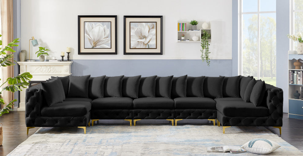 Tremblay Velvet Upholstered 7-Piece Modular U-Shaped Sectional, Black