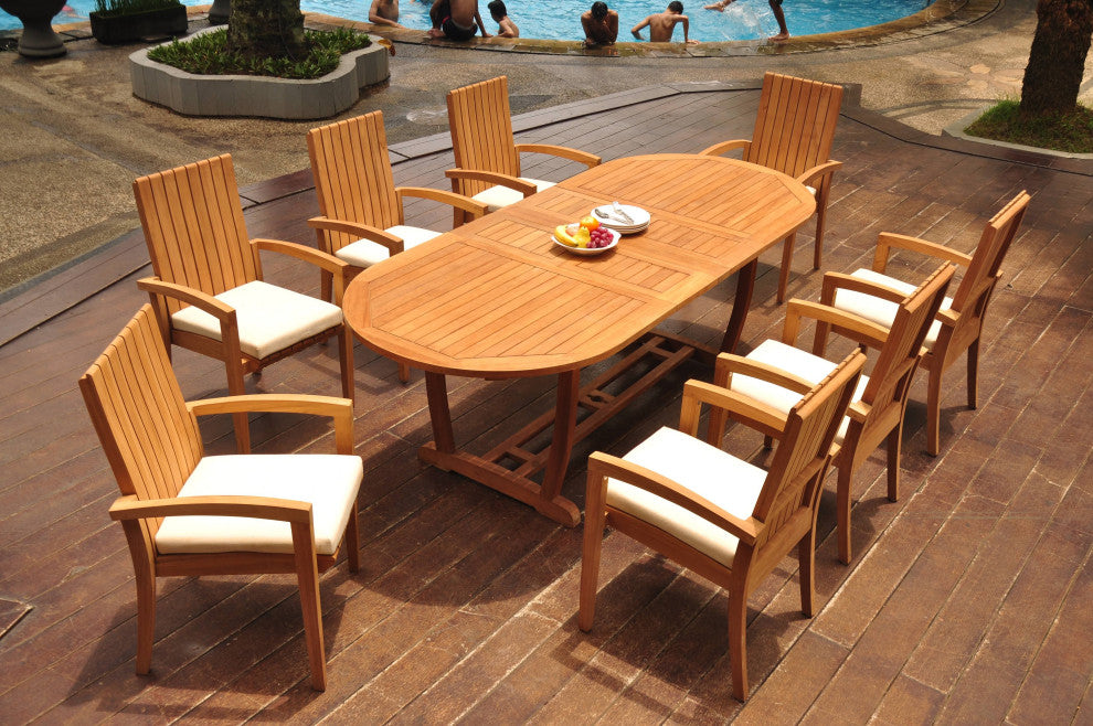 9-Piece Outdoor Teak Dining Set: 94" Masc Oval Table, 8 Goa Stacking Arm Chairs