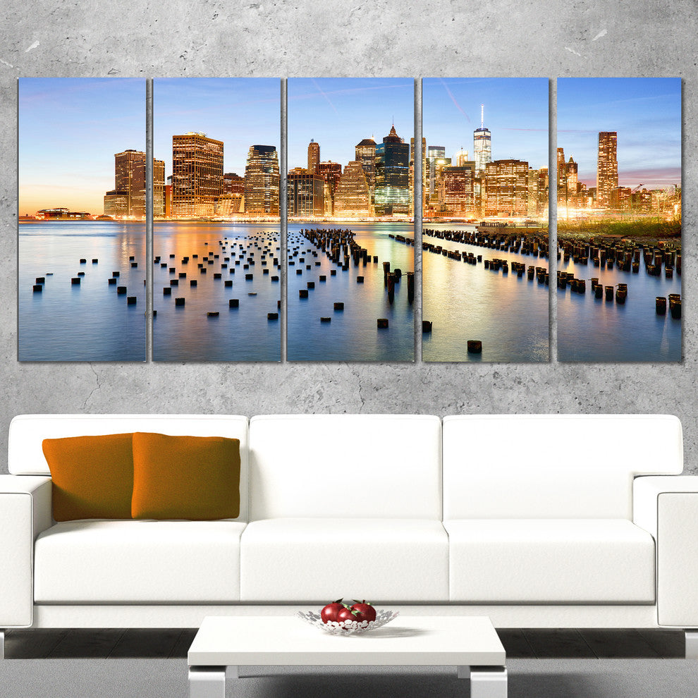 "Illuminated New York Skyscrapers" Canvas Print60"x28", 5-Panels
