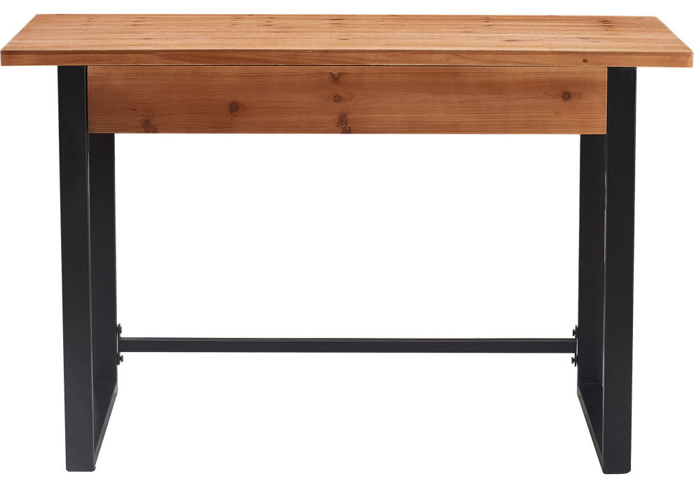 Farmhouse Desk, Metal Frame With Storage Drawer & Cut Out Pulls, Black/Natural