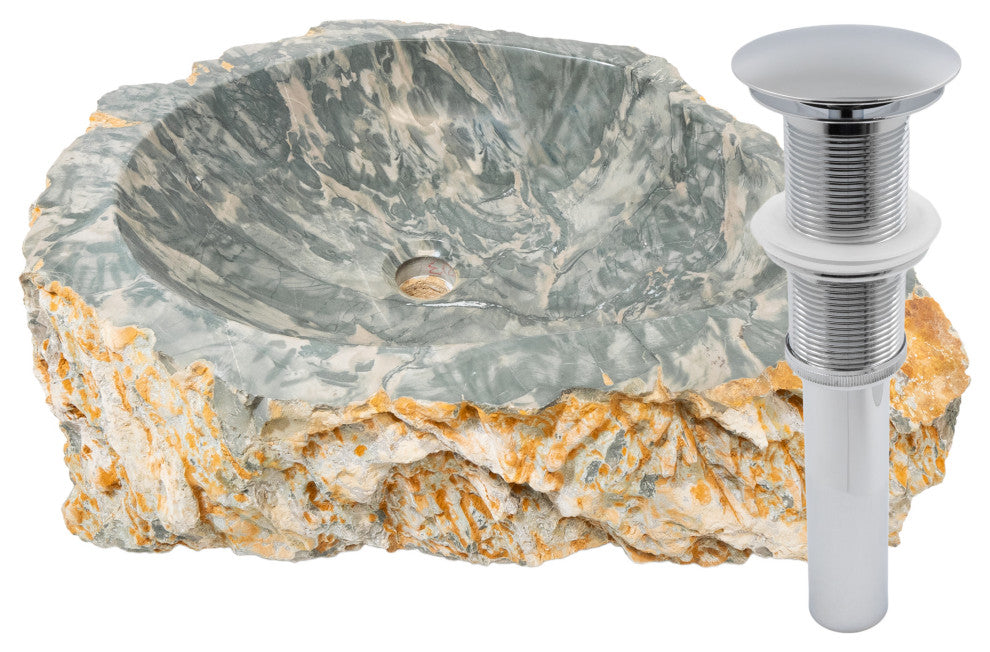 Novatto Natural Cobblestone Vessel Bathroom Sink with Drain, Chrome