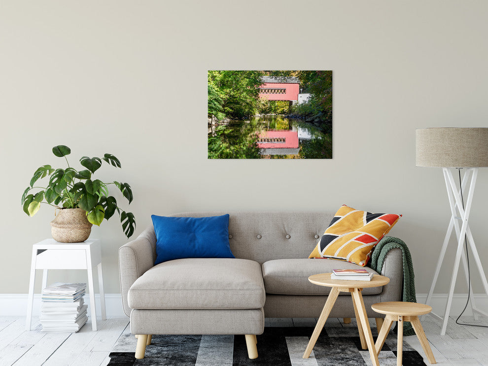 The Reflection of Wooddale Covered Bridge Canvas Wall Art Print, 24" X 36"