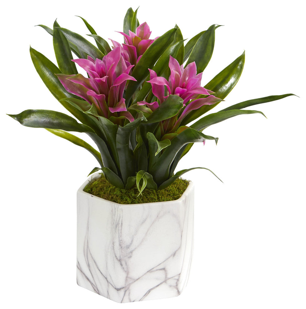 Nearly Natural Bromeliad Artificial Plant in Marble Finished Vase Purple