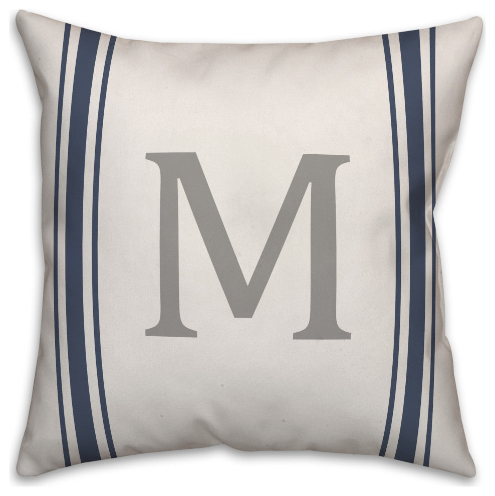 Blue Farmhouse Stripe Monogram - M 18x18 Spun Poly Pillow