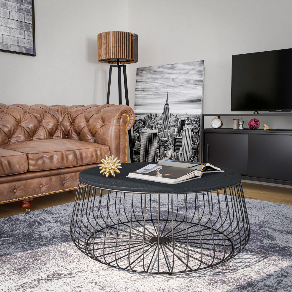 LeisureMod Runswick Round Coffee Table With Black Wire Steel Frame, Black