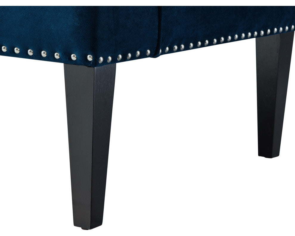 45" Navy Blue And Brown Upholstered Velvet Bench