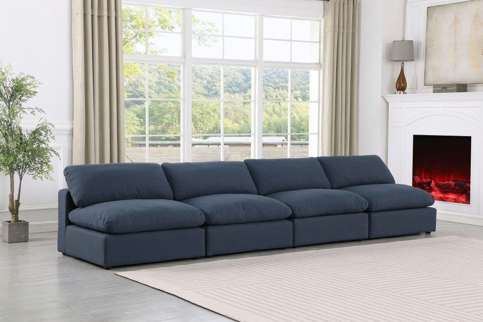 Comfy Upholstered Modular Sofa, Navy, 4-Piece: 4 Armless Chair, Linen Textured Fabric