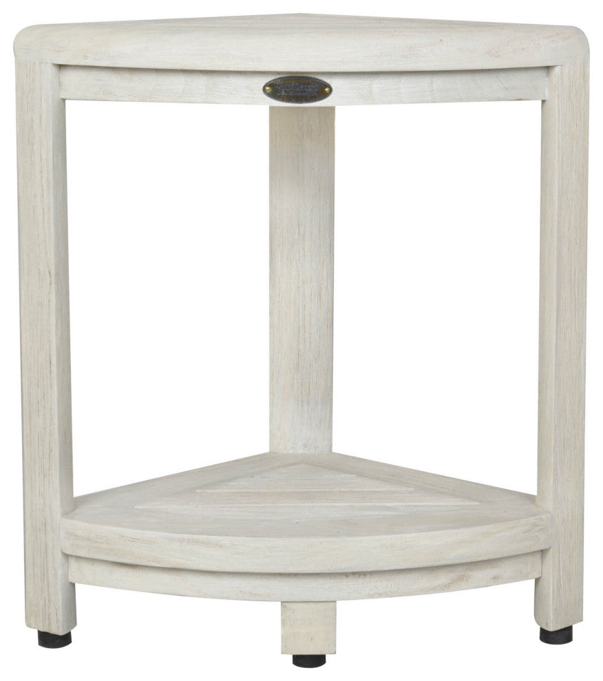 HomeRoots Compact Teak Corner Shower Stool With Shelf, White Finish