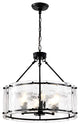 6-Light Matte Black Drum Pendant Design Chandelier With Rippled Glass