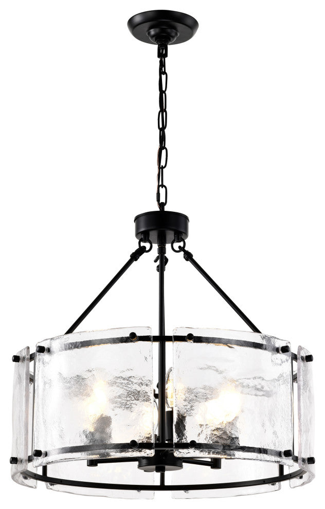6-Light Matte Black Drum Pendant Design Chandelier With Rippled Glass