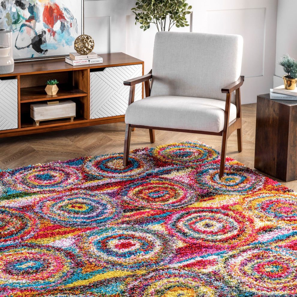 Nuloom Contemporary Abstract Circles Shag Rug, Multicolor 5'3"x7'6"