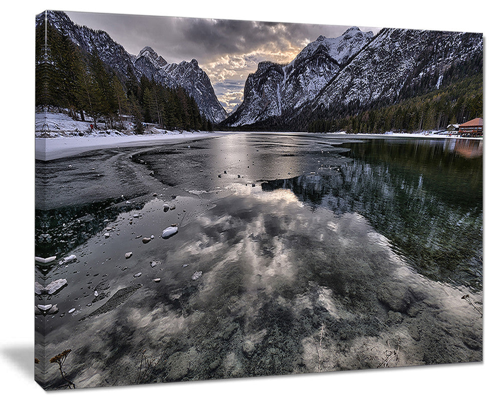 "Black Icy Mountain Lake With Snow" Landscape Wall Art, 40"x30"
