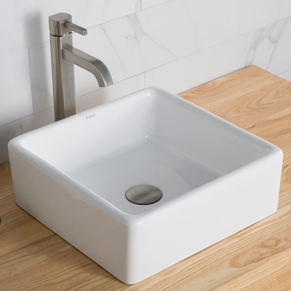 Elavo Square Ceramic Vessel Sink, Bathroom Ramus Faucet, PU Drain, Nickel