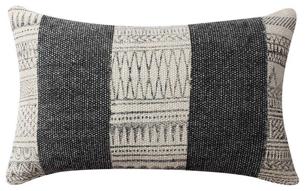 Benzara BM200576 12 x 20 Cotton Dhurri Pillow with Kilim Pattern, Gray and White