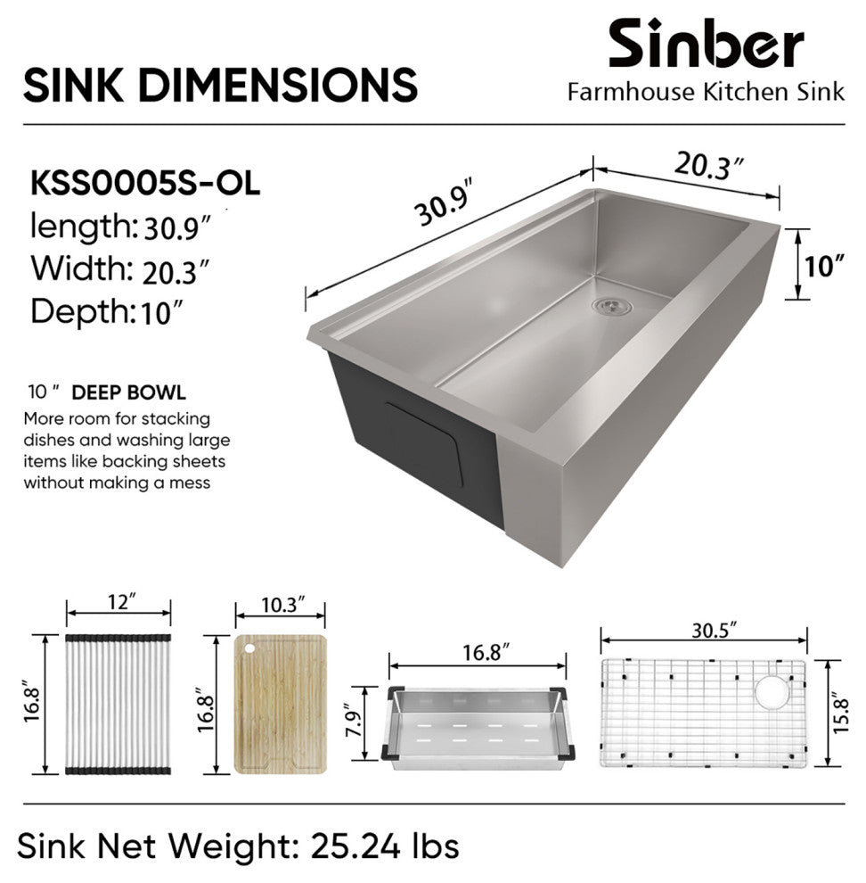 Sinber Single Bowl Kitchen Sink with 304 Stainless Steel Satin Finish, 33"x20" Workstation, Apron/Farmhouse