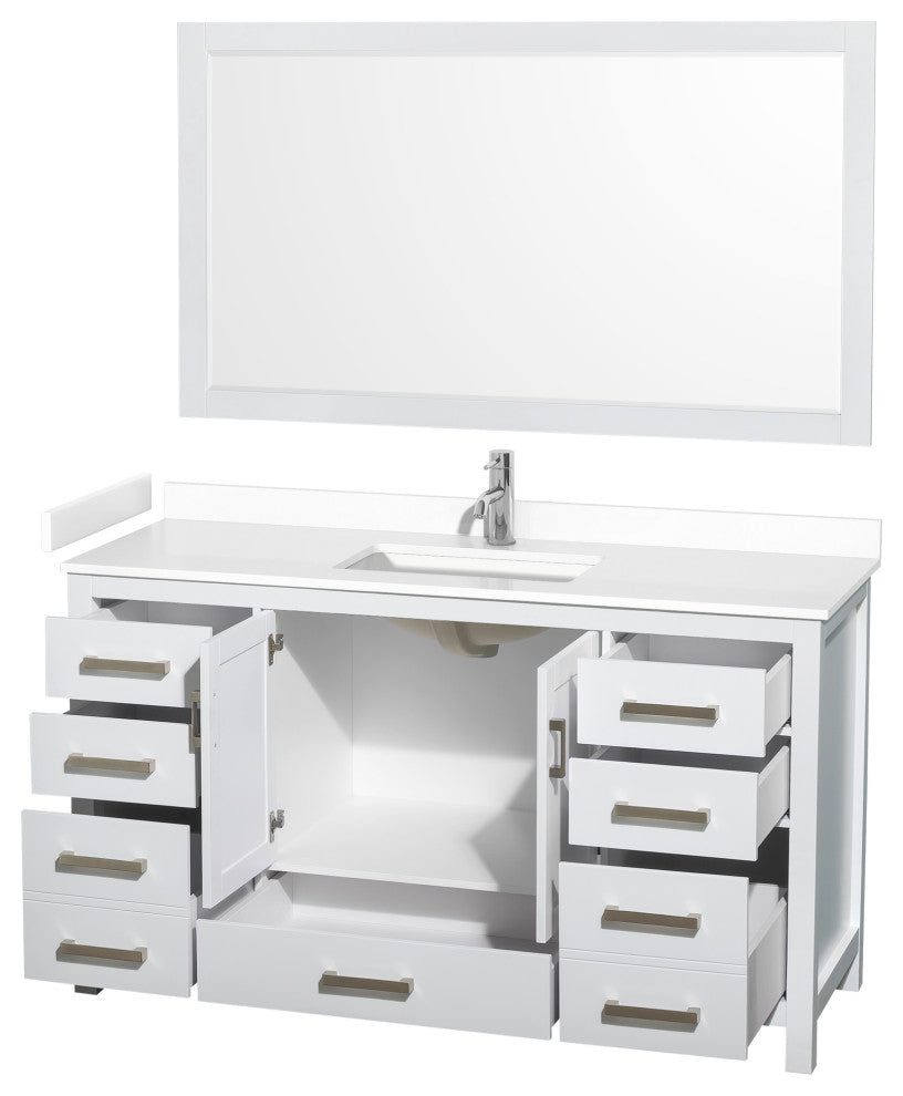 60"SGL Bathroom Vanity, White, White Cult. Marble Countertop, Sink, 58" Mirror
