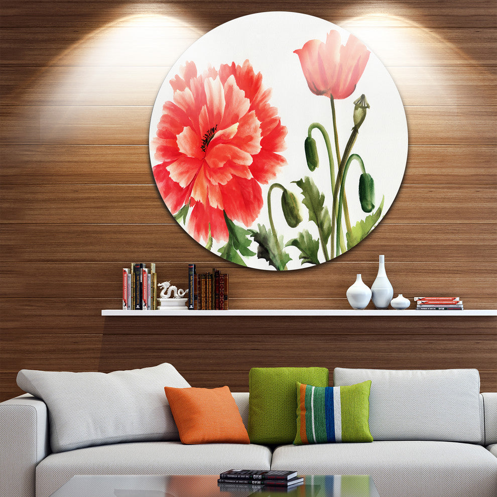 Red Poppies, Abstract Watercolor Disc Metal Artwork, 23"