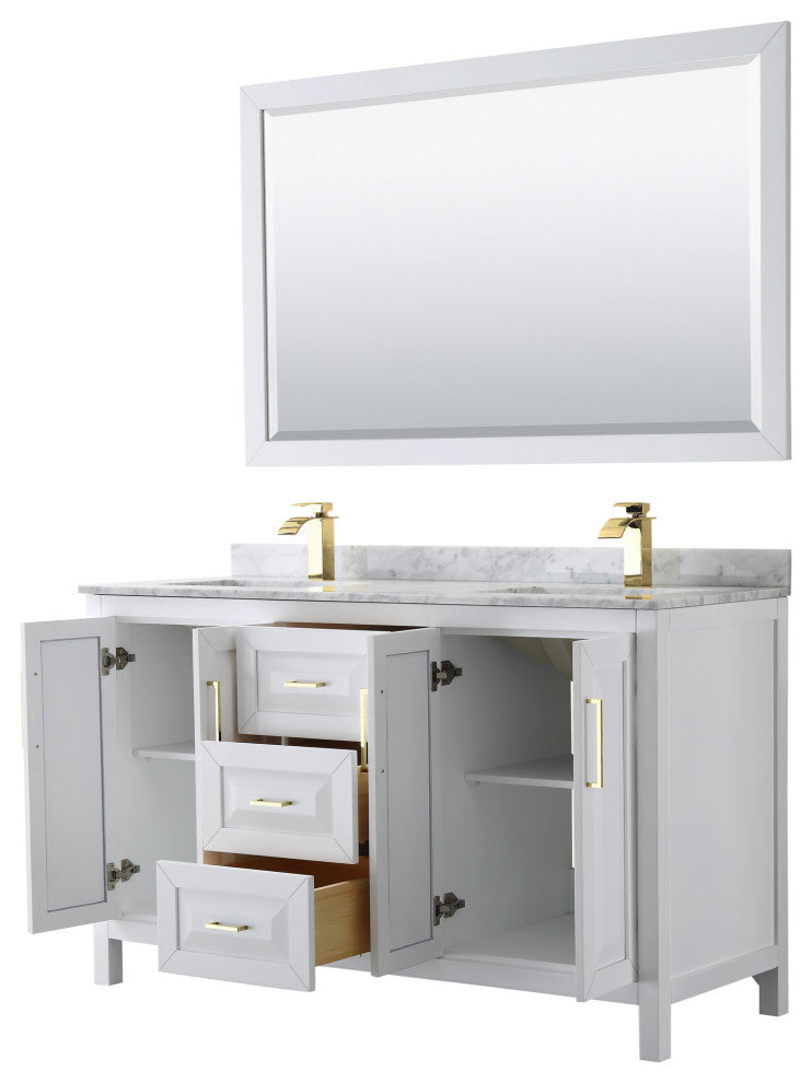 60"DBL Bath Vanity White, Carrara Countertop, Sinks, 58" Mirror, Gold Trim