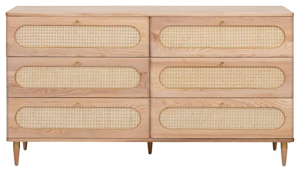 Carmen Cane 6 Drawer Dresser, Rattan Wicker Ash Wood Sideboard