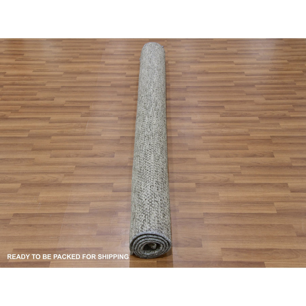 Gray Undyed Pure Wool Modern Grass Design Hand Knotted Square Rug, 5'11"x6'1"
