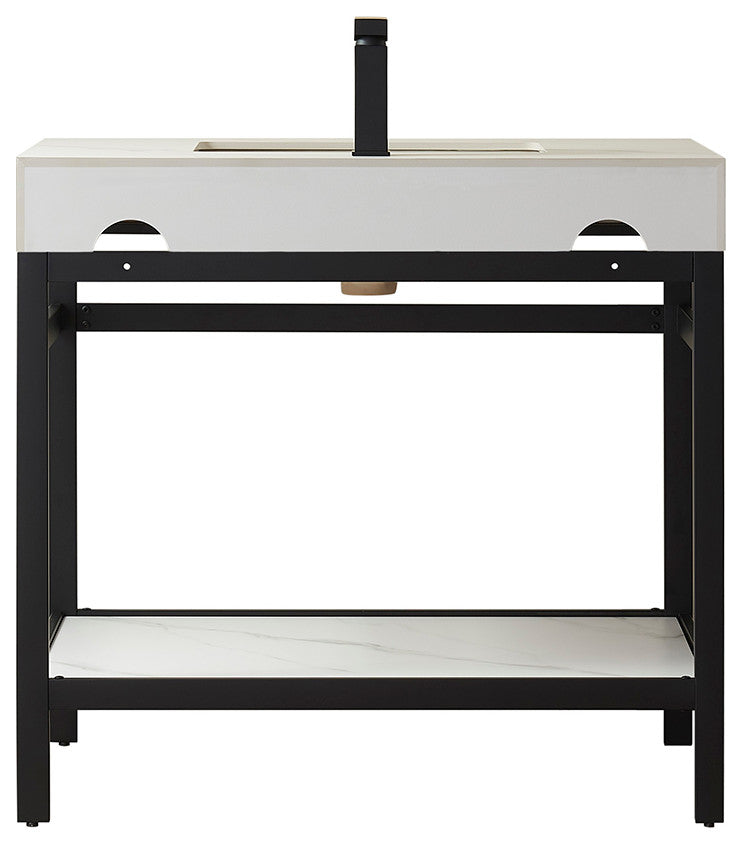 Funes Bath Vanity with Mirror, Matte Black Support, 36'''', White Stone Top