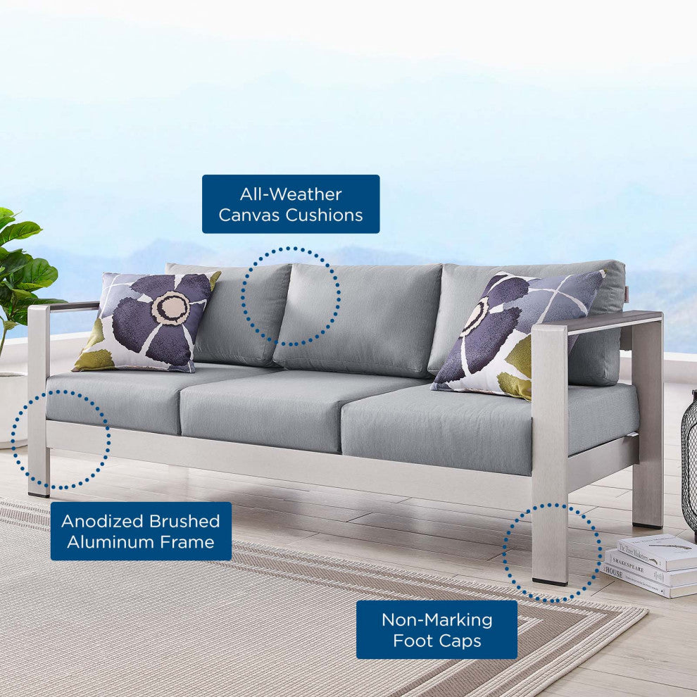 Lounge Sofa, Aluminum, Metal, Silver Gray, Modern, Outdoor Patio Bistro
