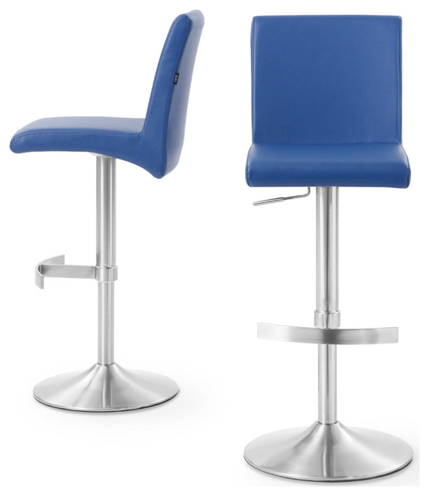 Coveteur Bar Stool Dark Blue Leatherette Brushed Stainless Steel Base