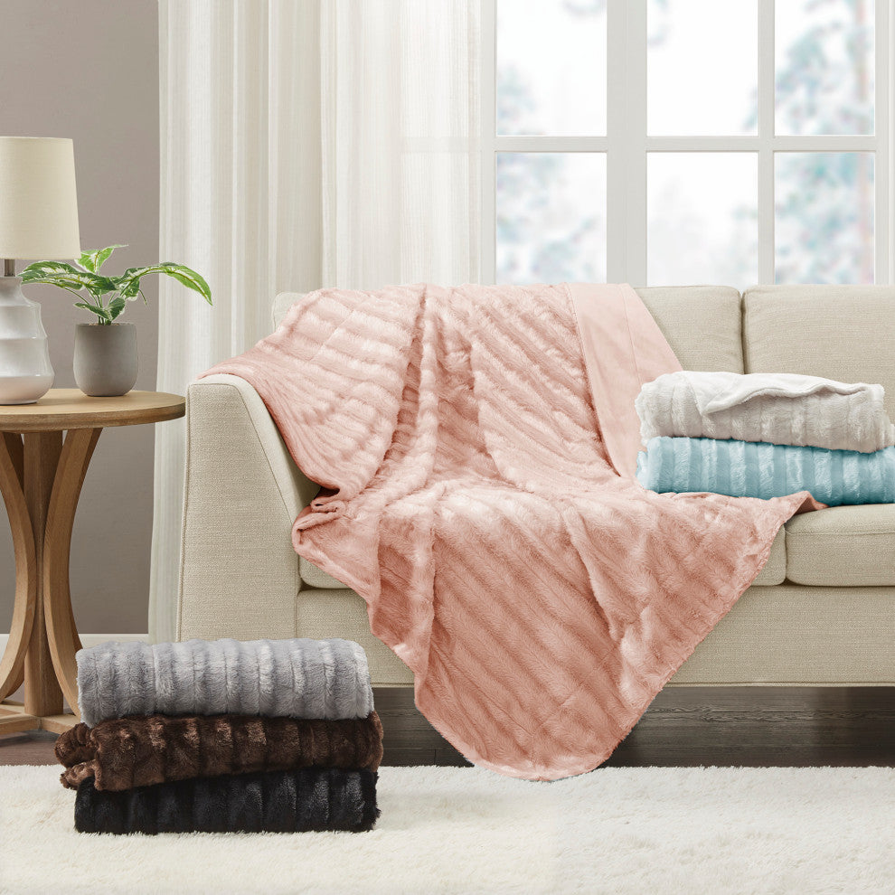 Madison Park Solid Stripe Plaited Brushed Long Fur Knitted Throw, Black