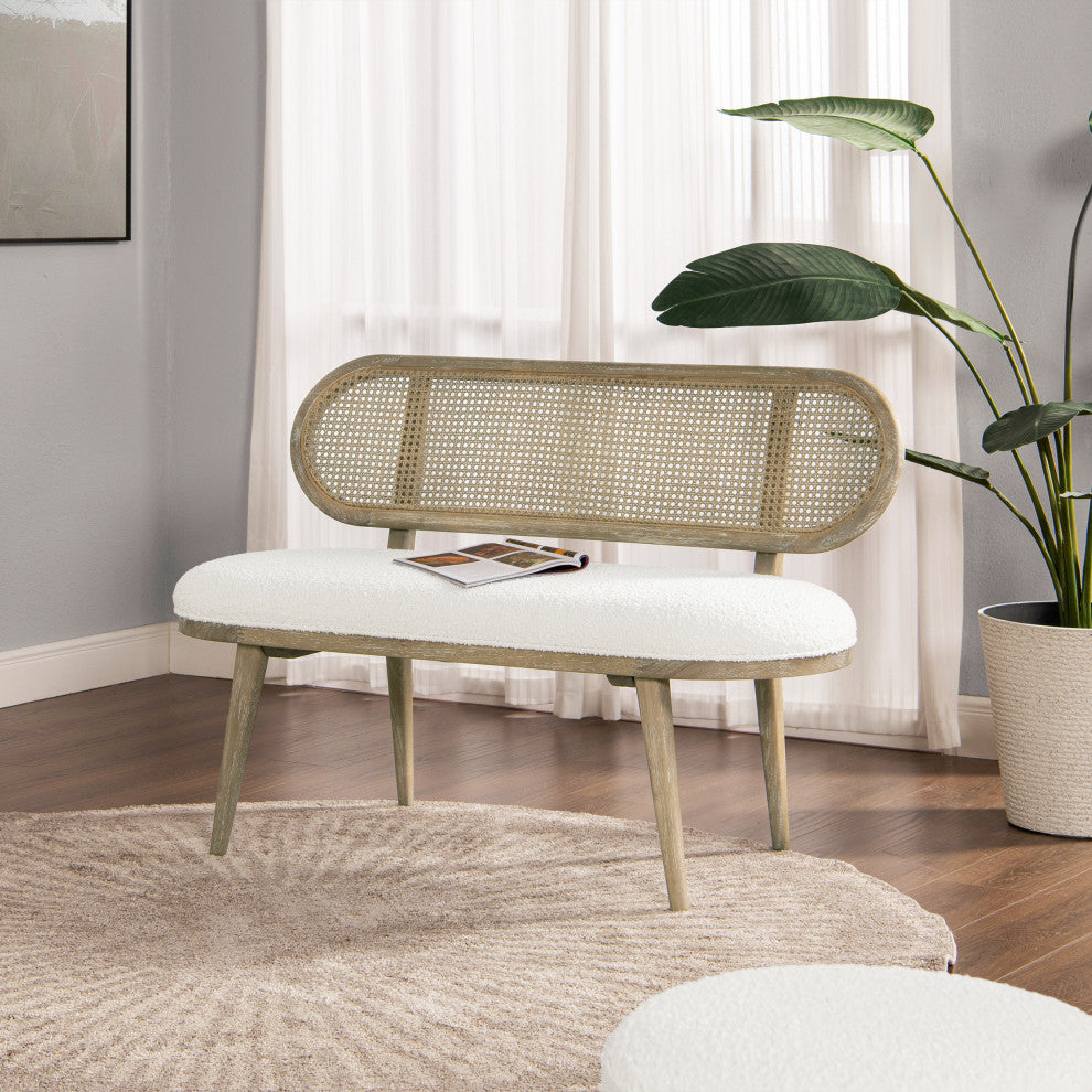 Havana 48" Boucle Upholstered Cane Rattan Bench, Ivory White