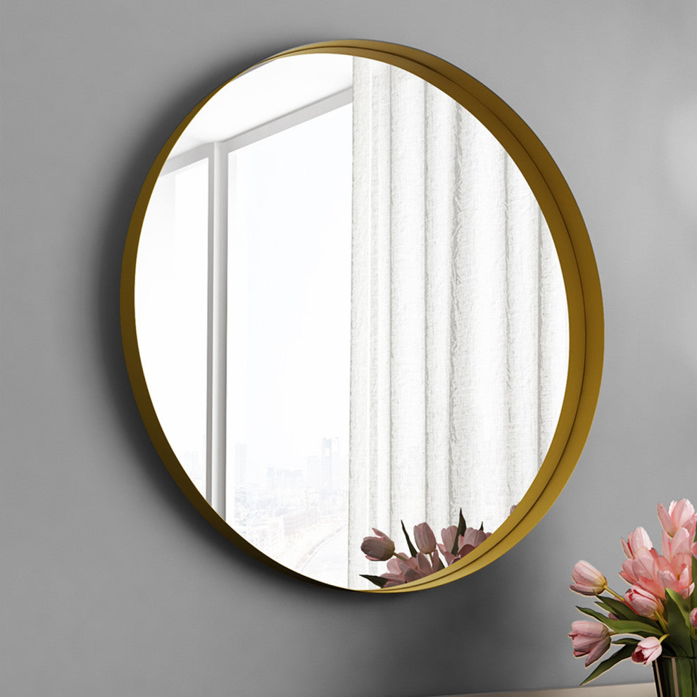Round Framed Wall Mounted Bathroom Vanity Mirror, Gold, 32x32