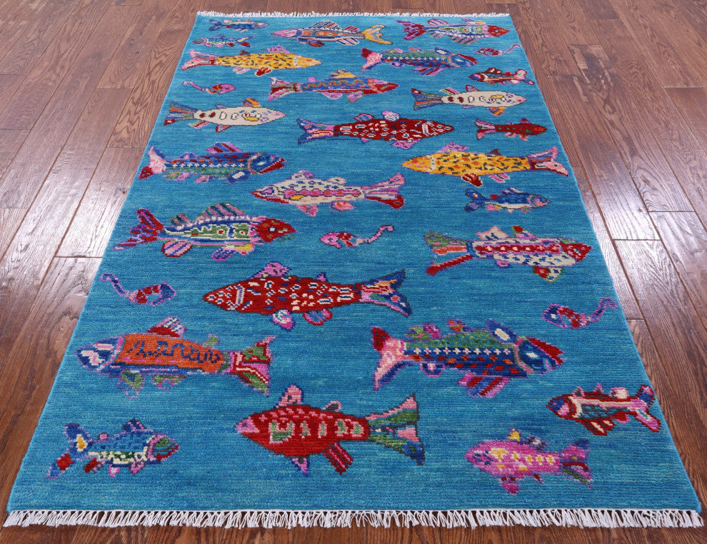 Gabbeh Fish Design Handmade Wool Rug 4' 1" X 6' 1" - Q15473