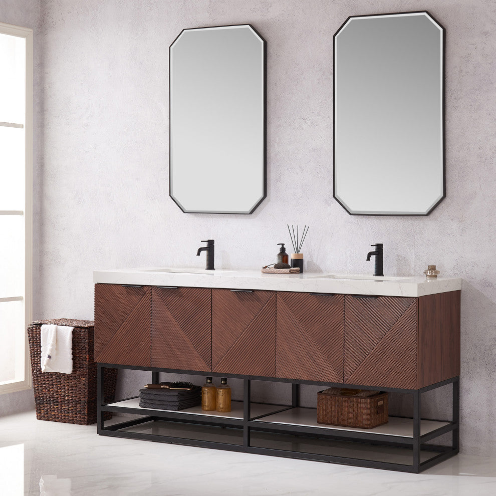 Mahon Bath Vanity, Stone Top, Matte Black Base, 72", Double Vanity, No Mirror