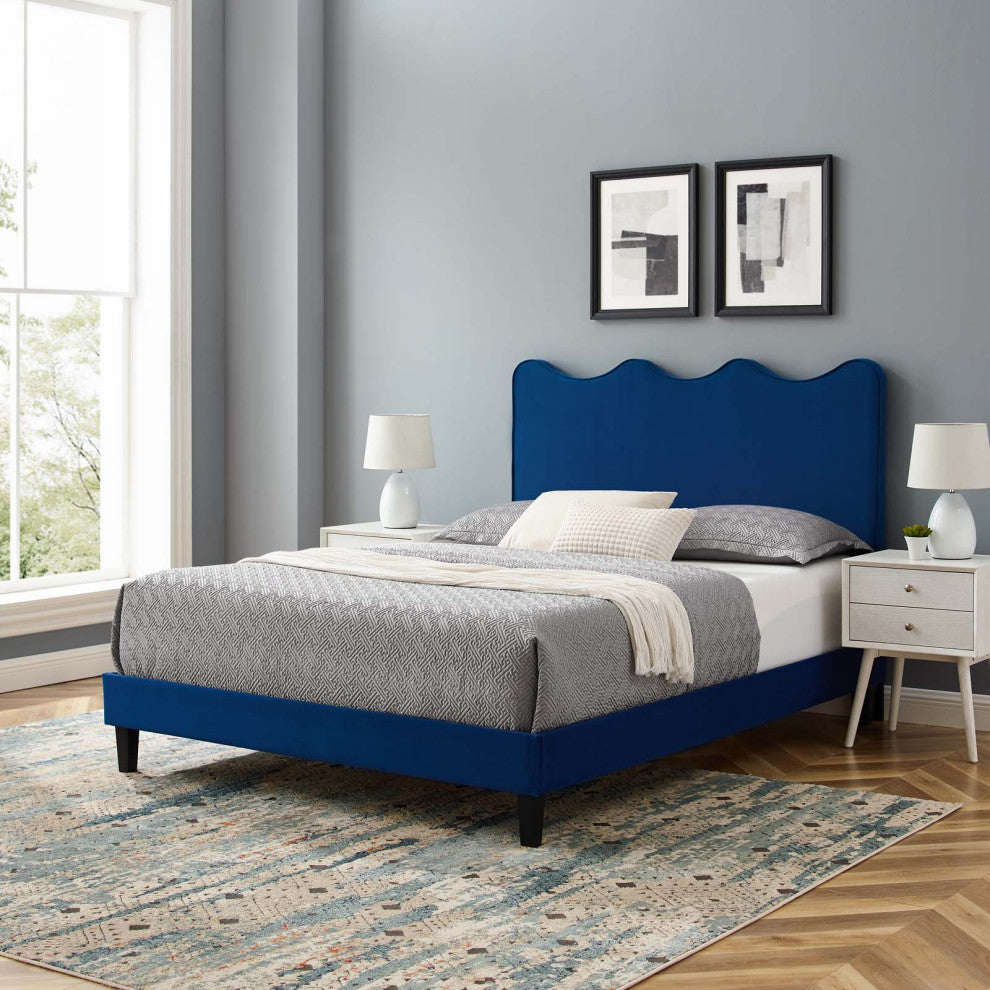 Platform Bed Frame, King Size, Blue Navy, Velvet, Modern, Bedroom Guest Suite