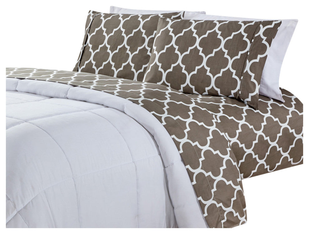 Bibb Home 4 Piece Printed Microfiber Sheet Set, Gray Trellis, Full