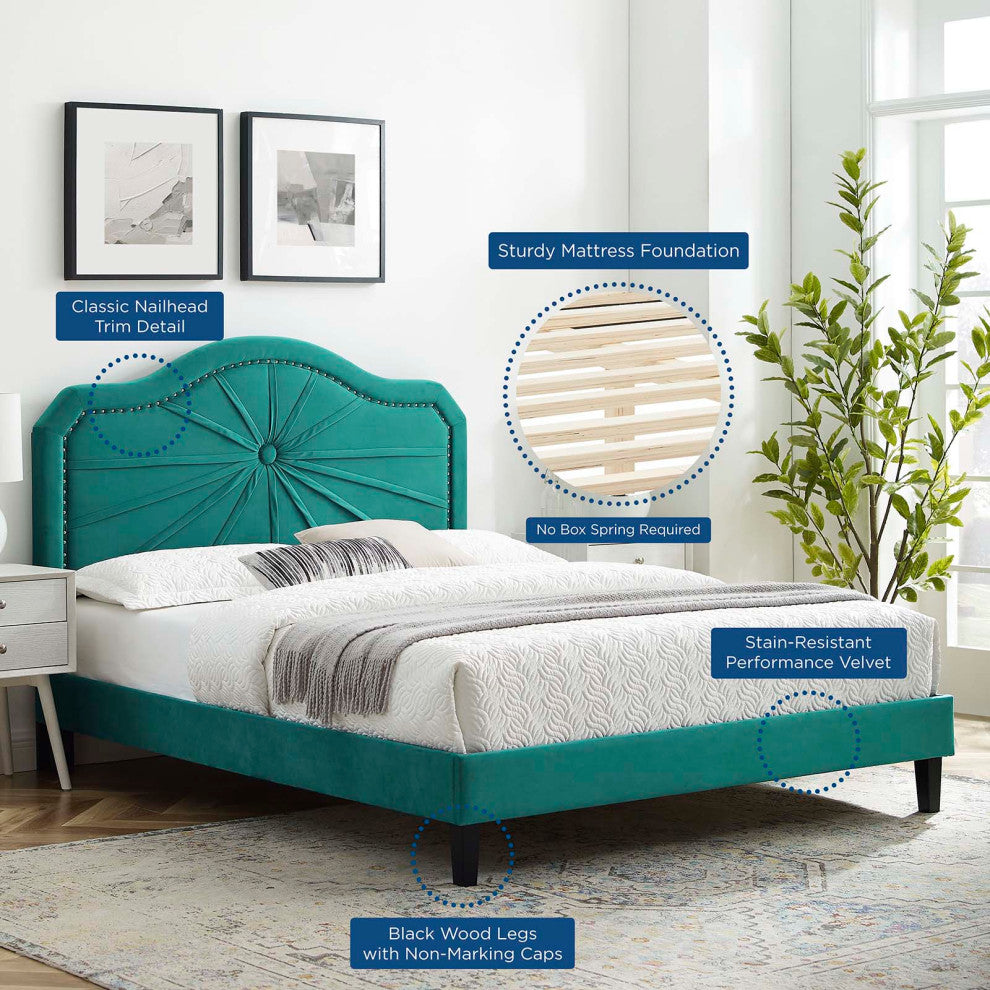 Platform Bed Frame, Queen Size, Velvet, Teal Blue, Modern Contemporary, Bedroom